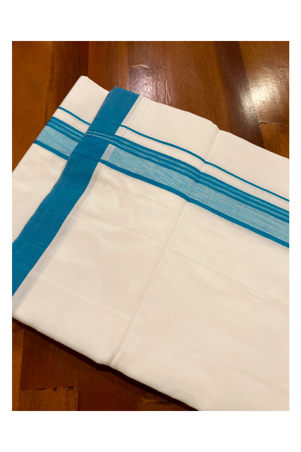 Pure White Cotton Double Mundu with Light Blue Border (South Indian Dhoti)