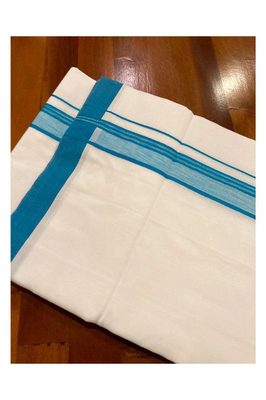 Pure White Cotton Double Mundu with Light Blue Border (South Indian Dhoti)