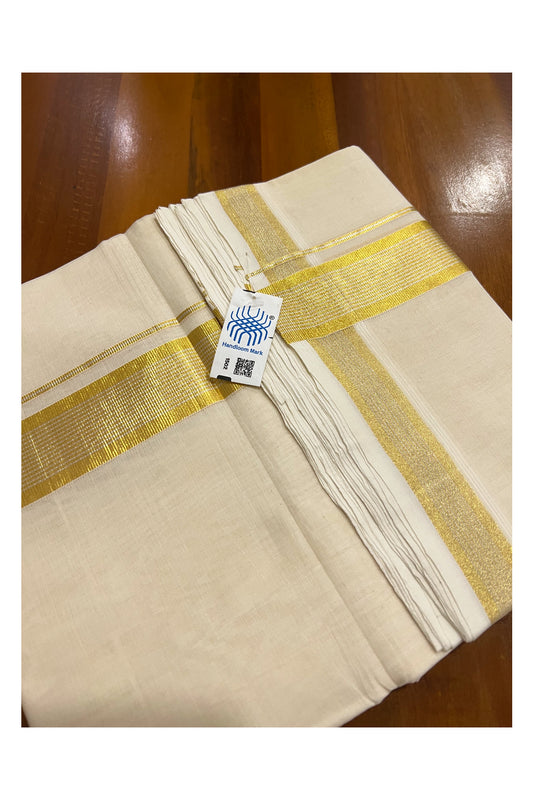 Southloom Super Premium Unakkupaavu Handloom Double Mundu with Silver Lines on Golden Kasavu Border