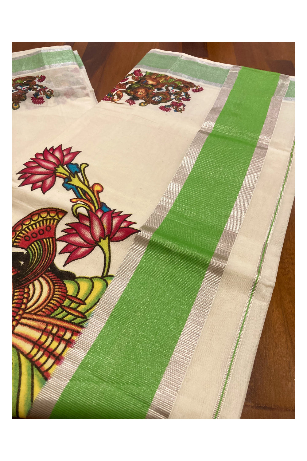 Pure Cotton Kerala Saree with Krishna Radha Mural Prints and Silver Green Border