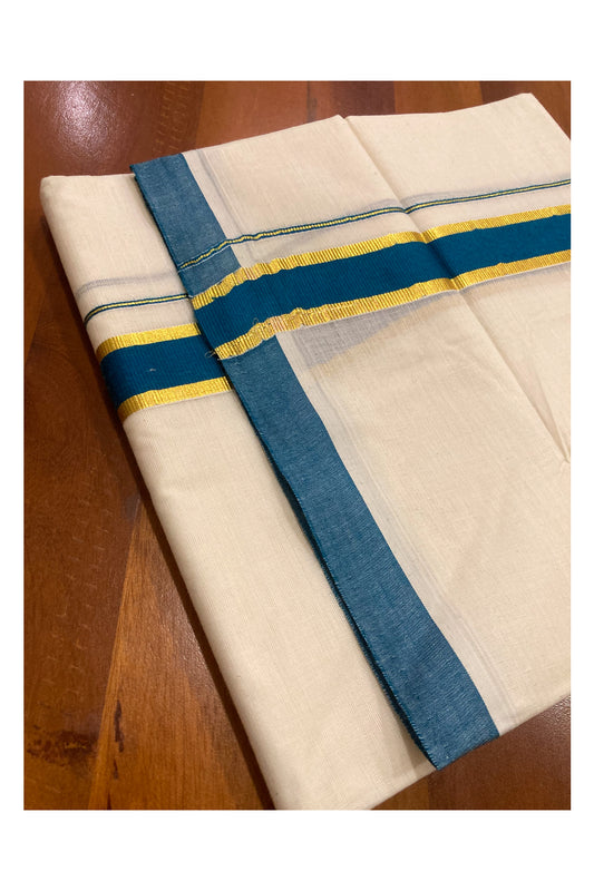 Off White Pure Cotton Double Mundu with Kasavu and Teal Blue Border (South Indian Dhoti)