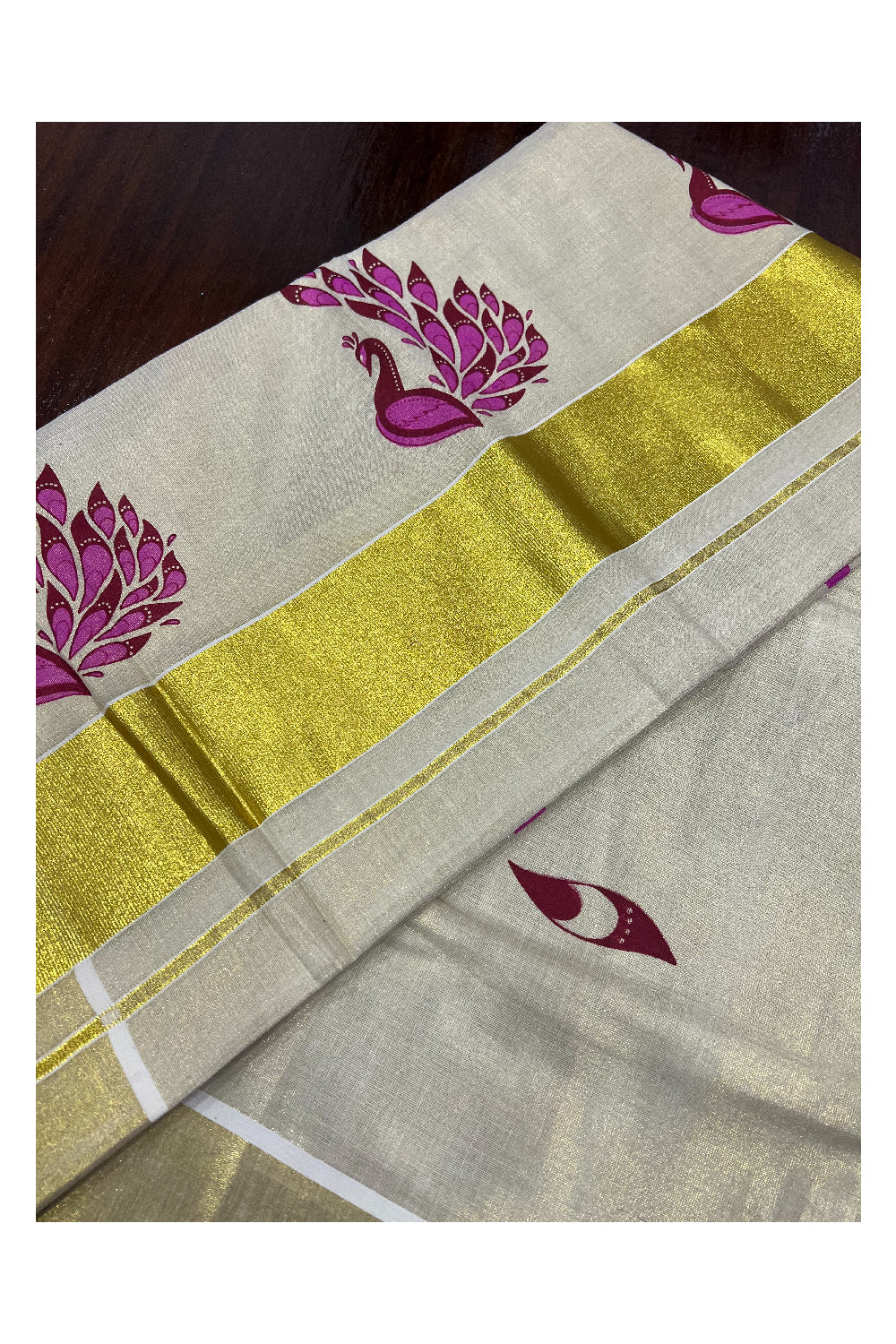 Kerala Tissue Kasavu Saree with Magenta Mural Peacock Art Design