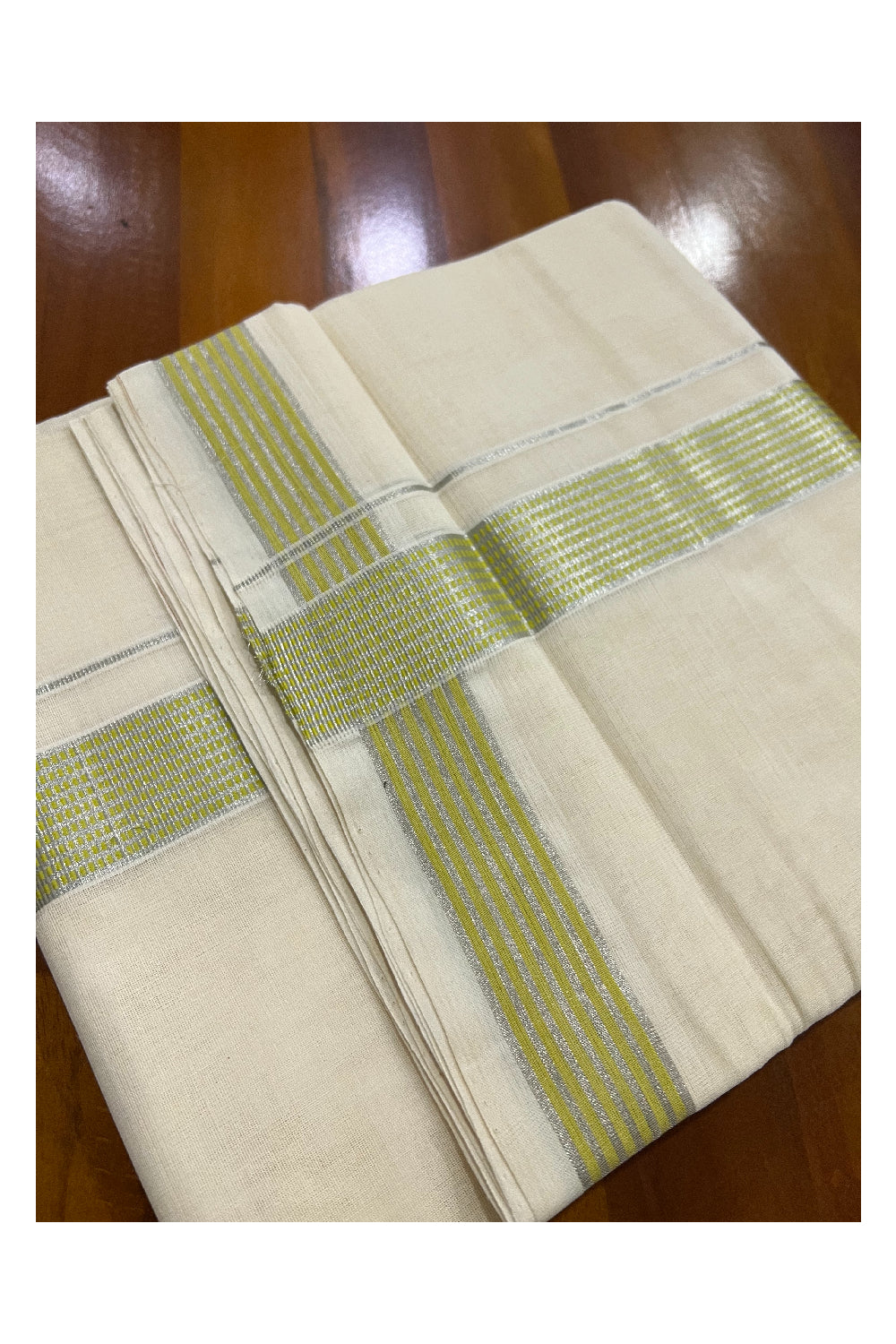 Southloom Kuthampully Handloom Pure Cotton Mundu with Silver Kasavu and Light Green Border (South Indian Dhoti)