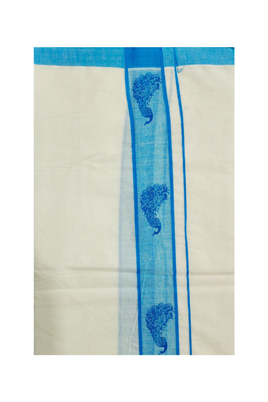 Off White Cotton Mundu with Light Blue Woven Kara (South Indian Dhoti)