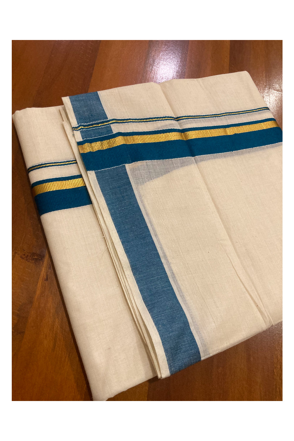 Pure Cotton Double Mundu with Teal Blue and Kasavu Border (South Indian Dhoti)