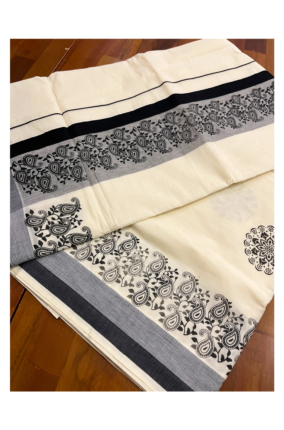 Pure Cotton Off White Kerala Saree with Black Paisley Block Prints on Border