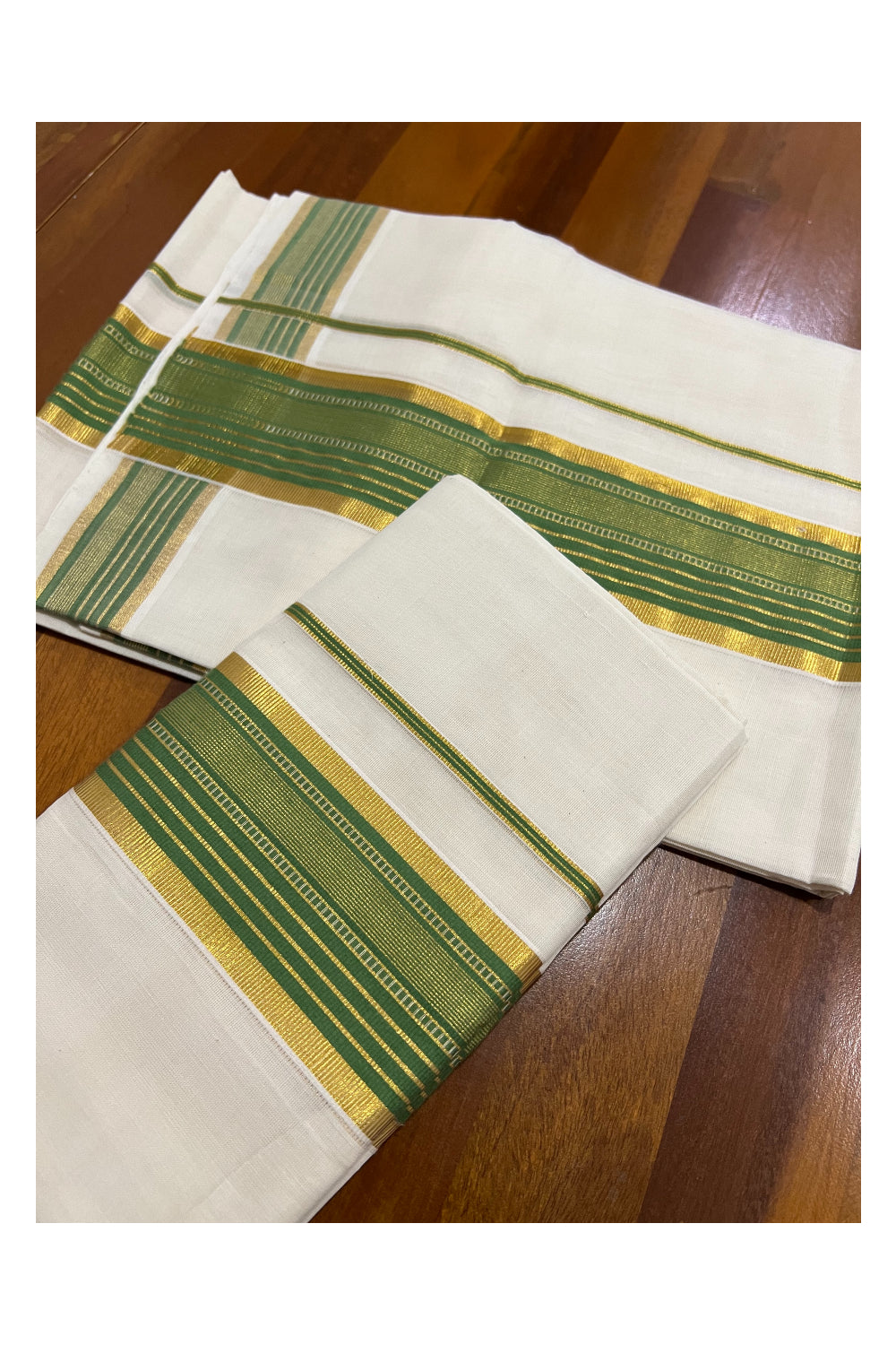 Southloom Premium Handloom Set Mundu with Kasavu and Light Green Line Border