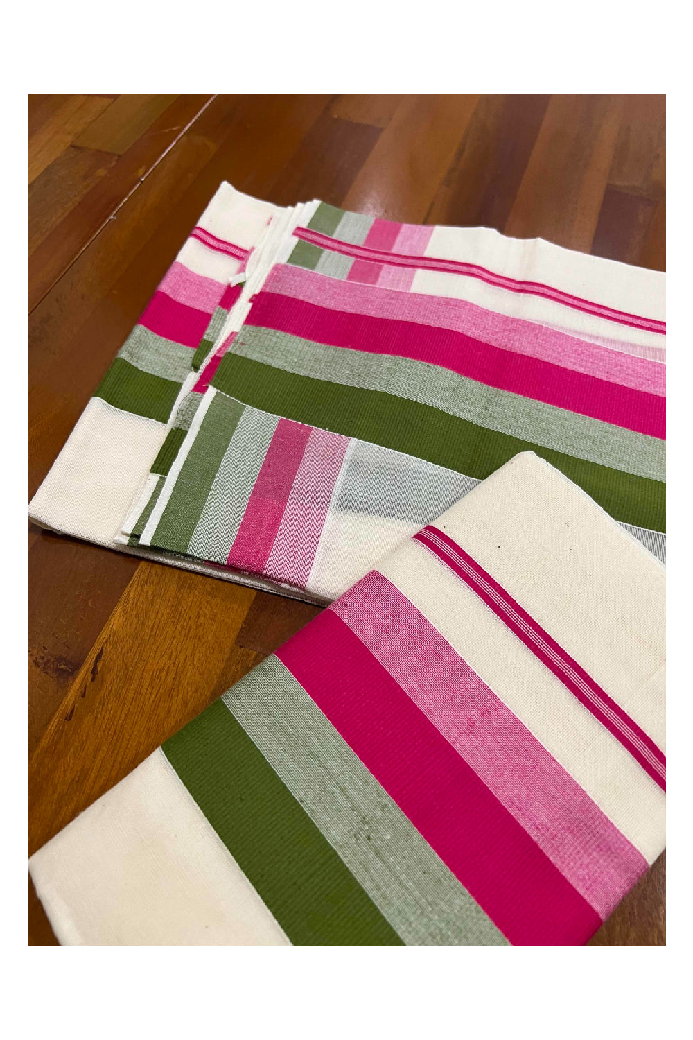 Kerala Cotton Mundum Neriyathum Single (Set Mundu) with Green and Pink Lines Border 2.80 Mtrs