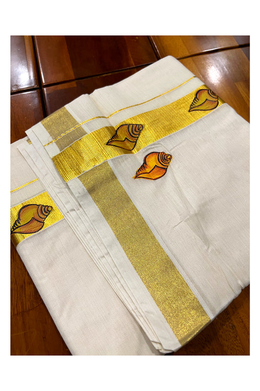 Pure Cotton Kasavu Mundu with Mural Hand Painted Shell Design (South Indian Kerala Dhoti)