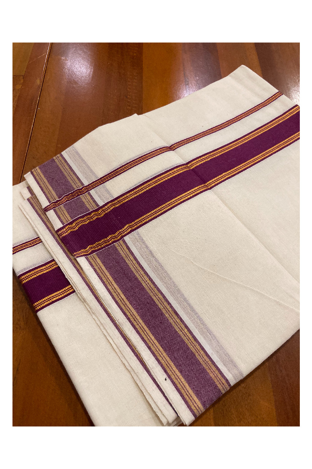 Off White Kerala Double Mundu with Kasavu and Deep Magenta Border (South Indian Dhoti)