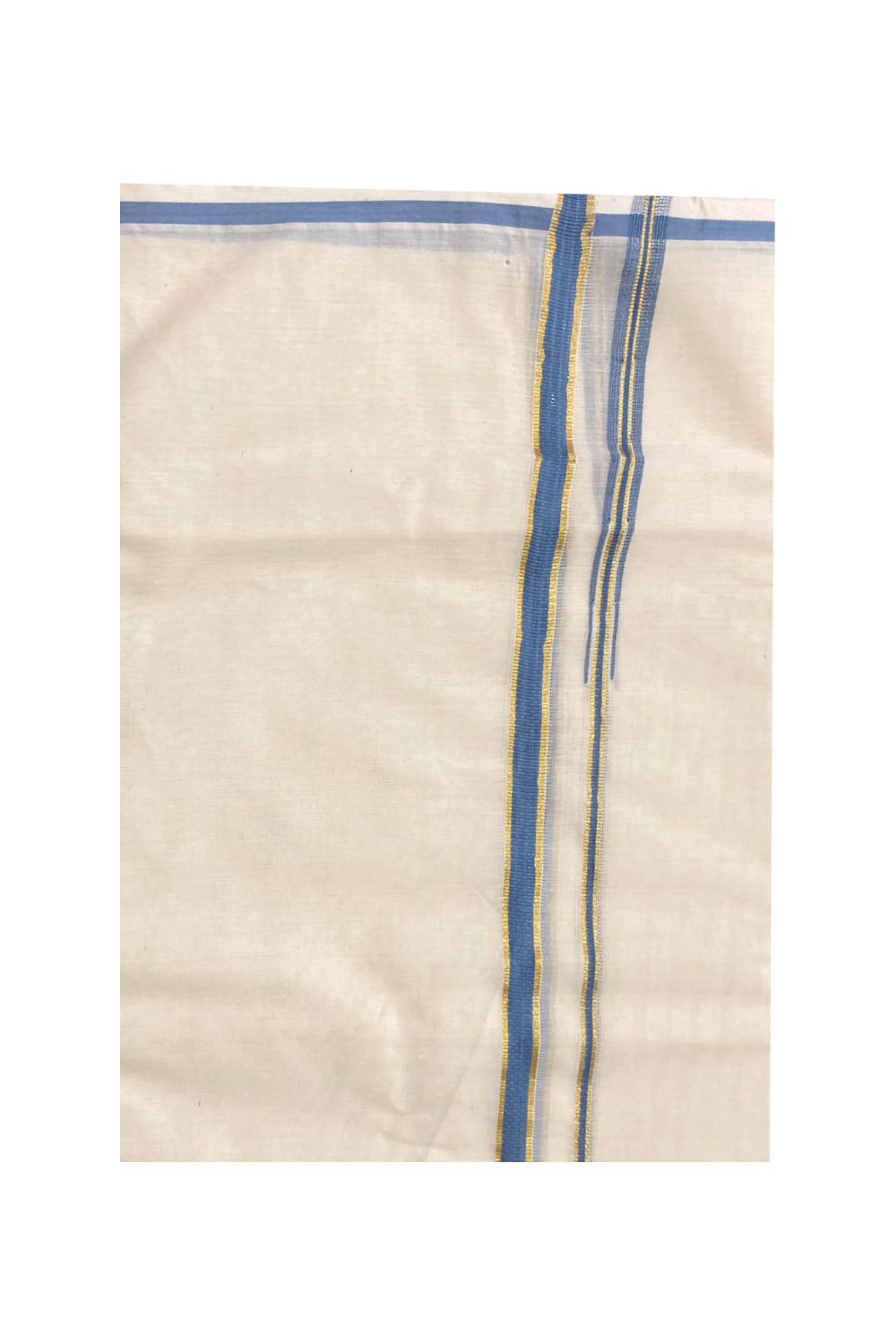 Off White Cotton Mundu with Greyish Blue and Puliyilakkara Kasavu (South Indian Dhoti)