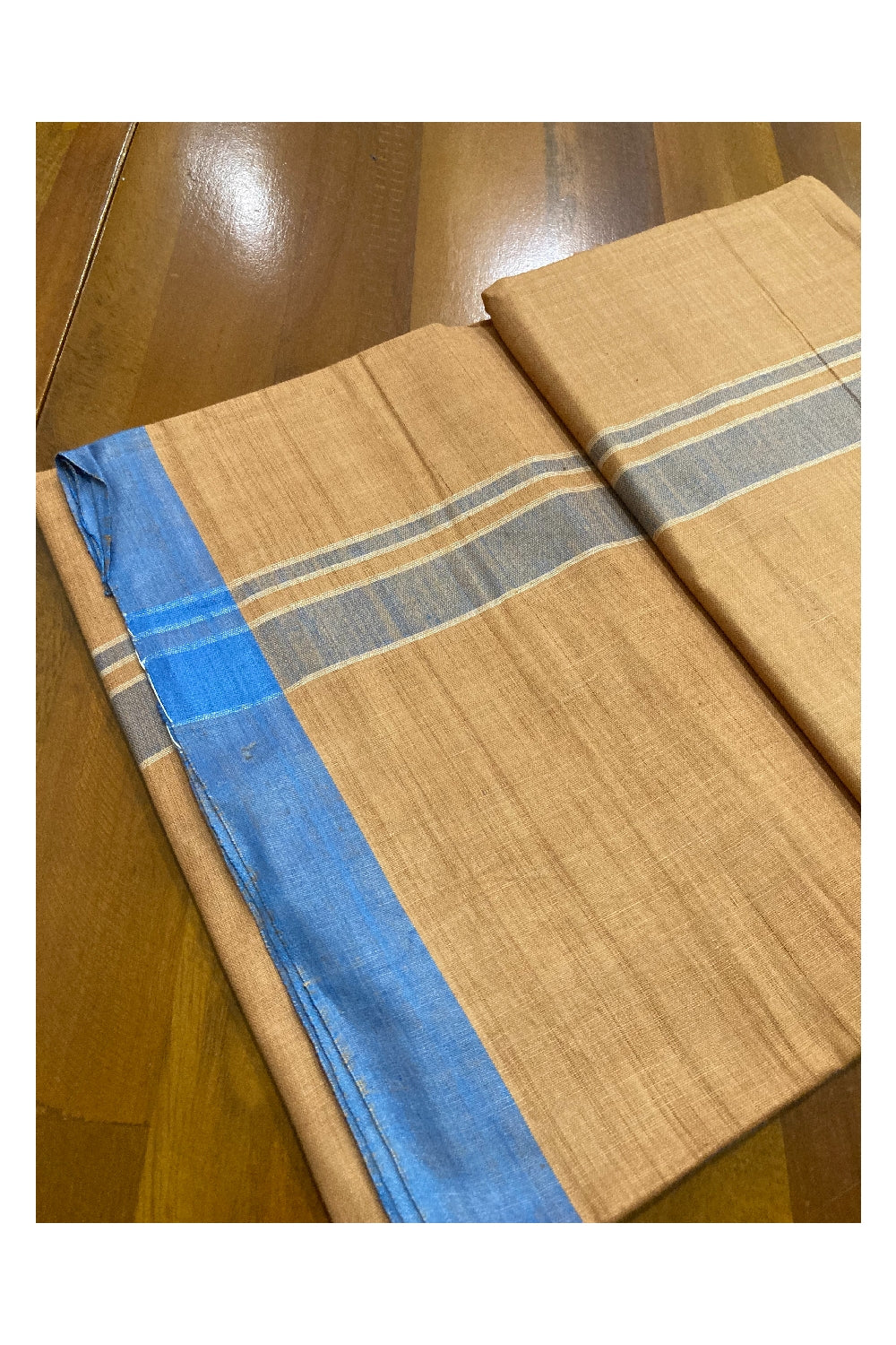 Southloom Premium Handloom Dark Saffron Solid Single Mundu (Lungi) with Blue Border