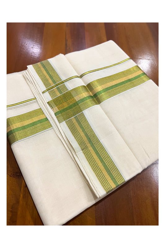 Southloom Premium Handloom Pure Cotton Mundu with Golden and Light Green Line Kasavu Border (South Indian Dhoti)