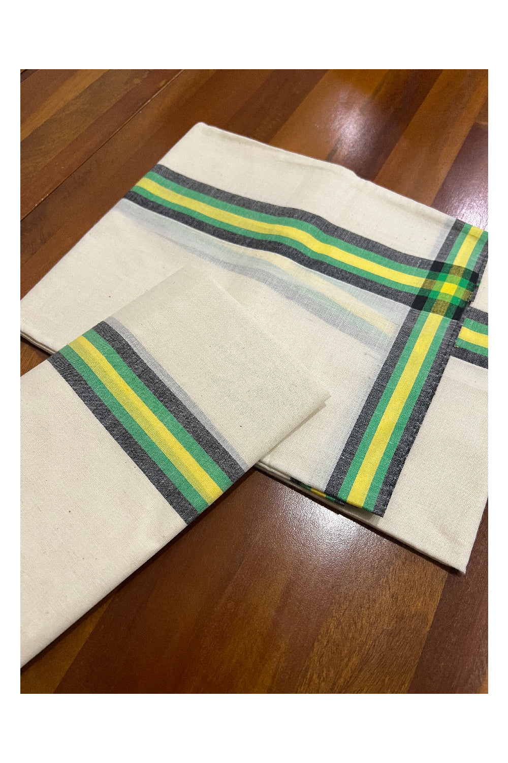 Kerala Cotton Mundum Neriyathum Single (Set Mundu) with Black Green and Yellow Mulloth Border (Extra Soft Cotton)