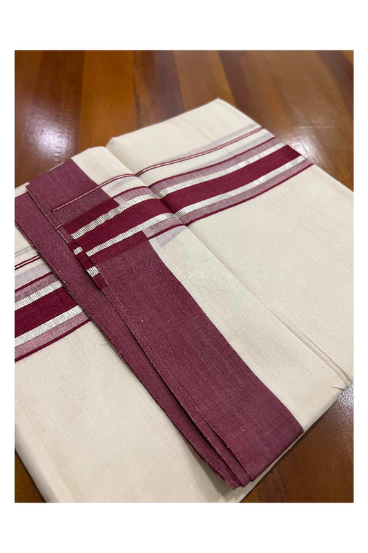 Off White Kerala Double Mundu with Silver Kasavu and Maroon Border (South Indian Dhoti)