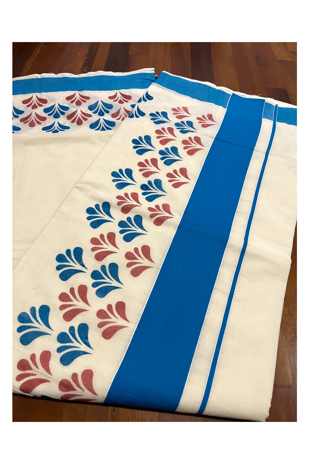 Pure Cotton Off White Kerala Saree with Blue and Red Block Prints in Blue Border