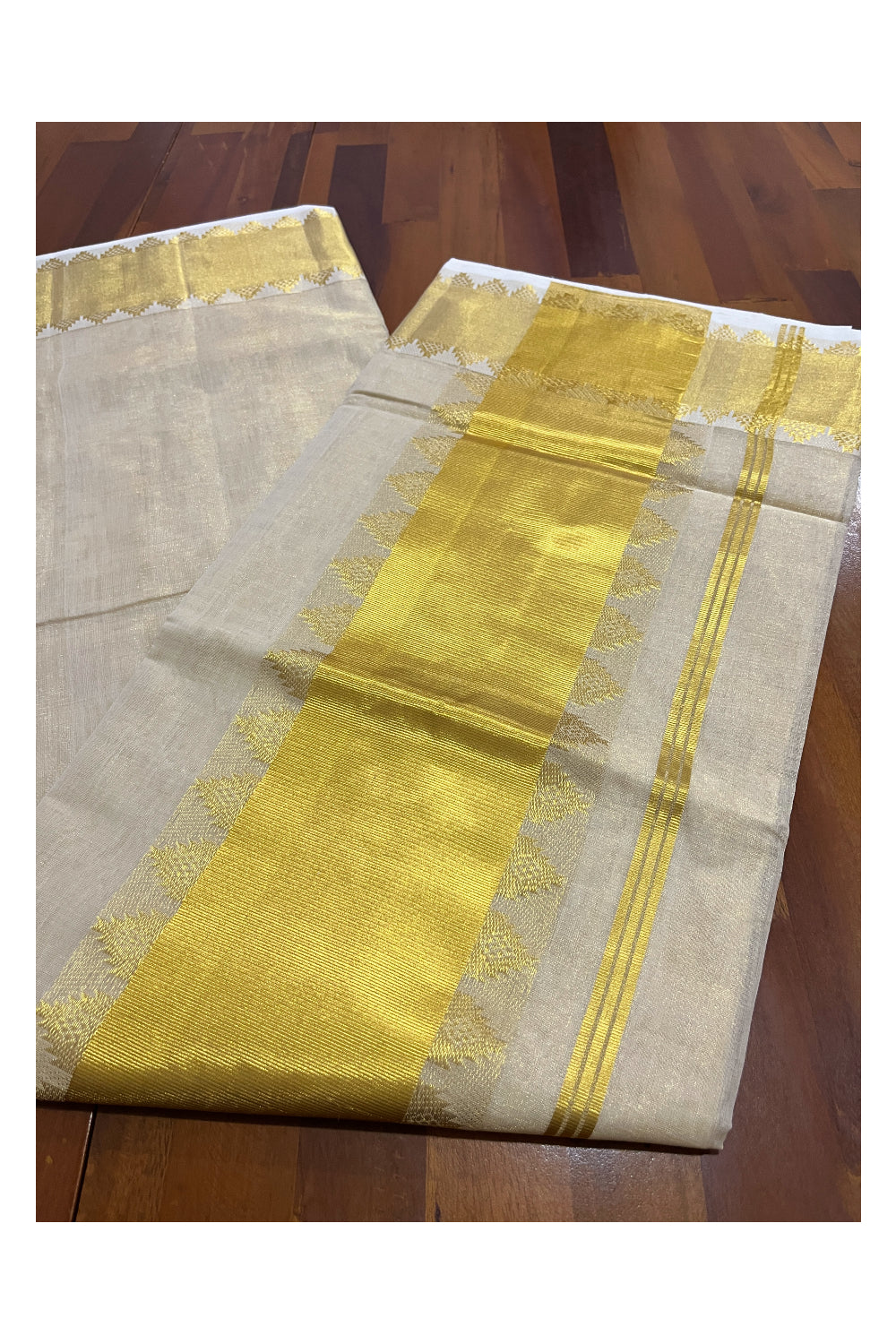 Southloom Premium Handloom Tissue Kasavu Saree with Temple Woven Works on Border