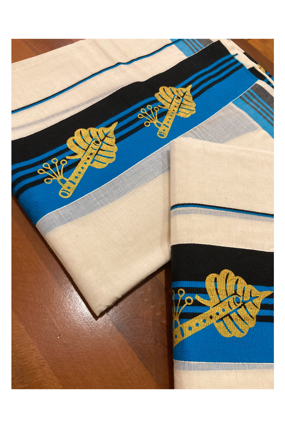 Cotton Set Mundu (Mundum Neriyathum) with Golden Block Prints on Black and Blue Border