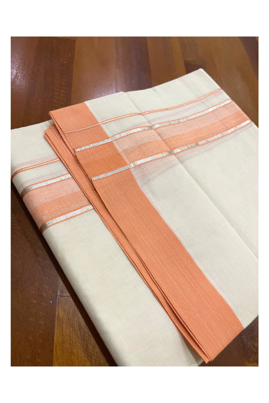 Pure Cotton Off White Double Mundu with Silver Kasavu and Peach Border (South Indian Dhoti)