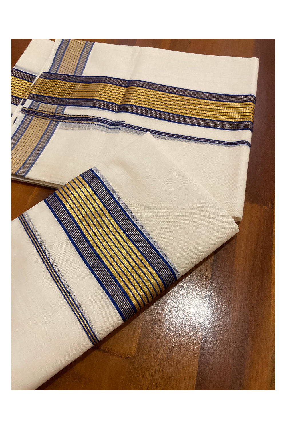 Southloom Premium Handloom Set Mundu with Kasavu and Blue Border 2.80 Mtrs