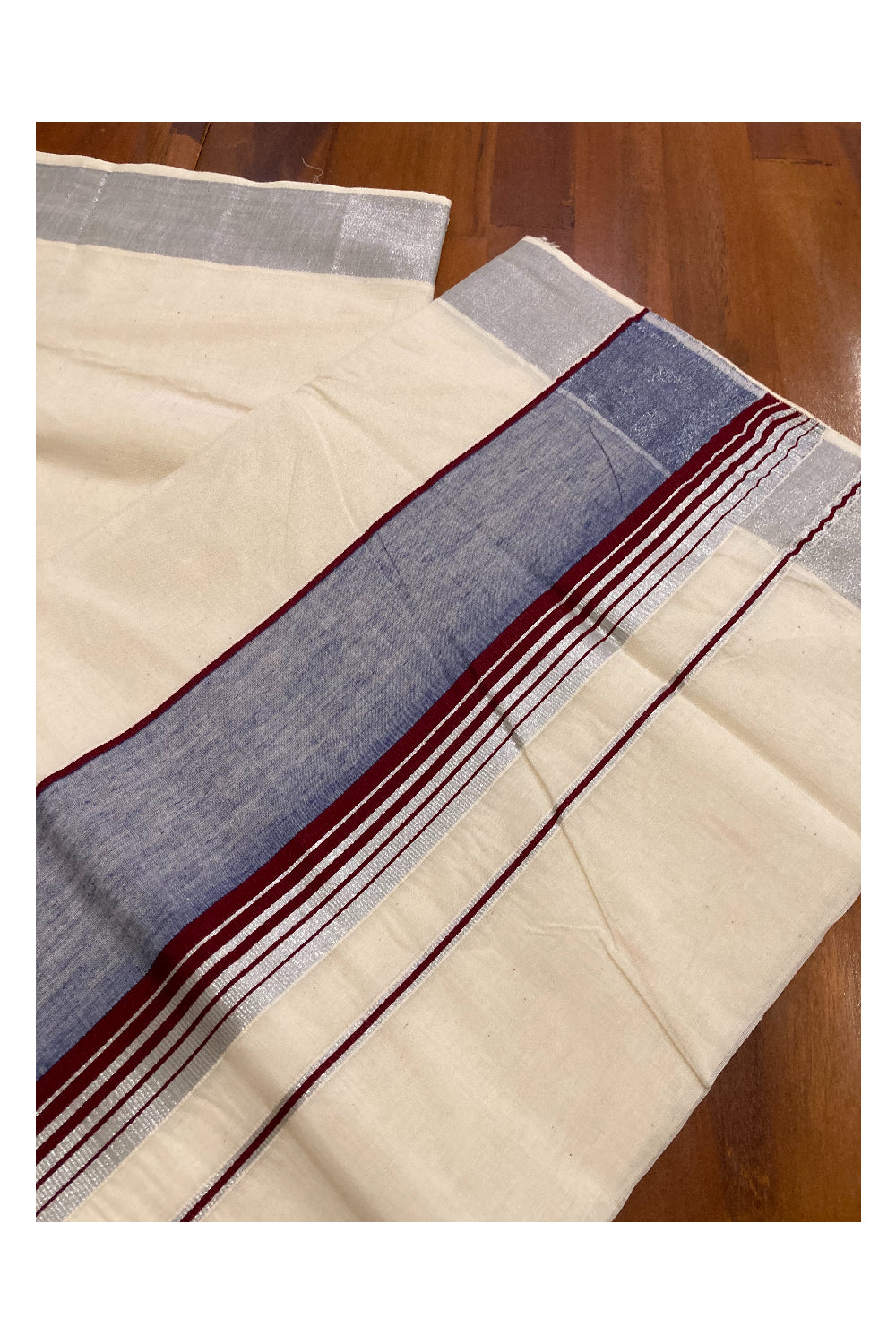 Pure Cotton Silver Kasavu Plain Saree with Maroon and Blue Border