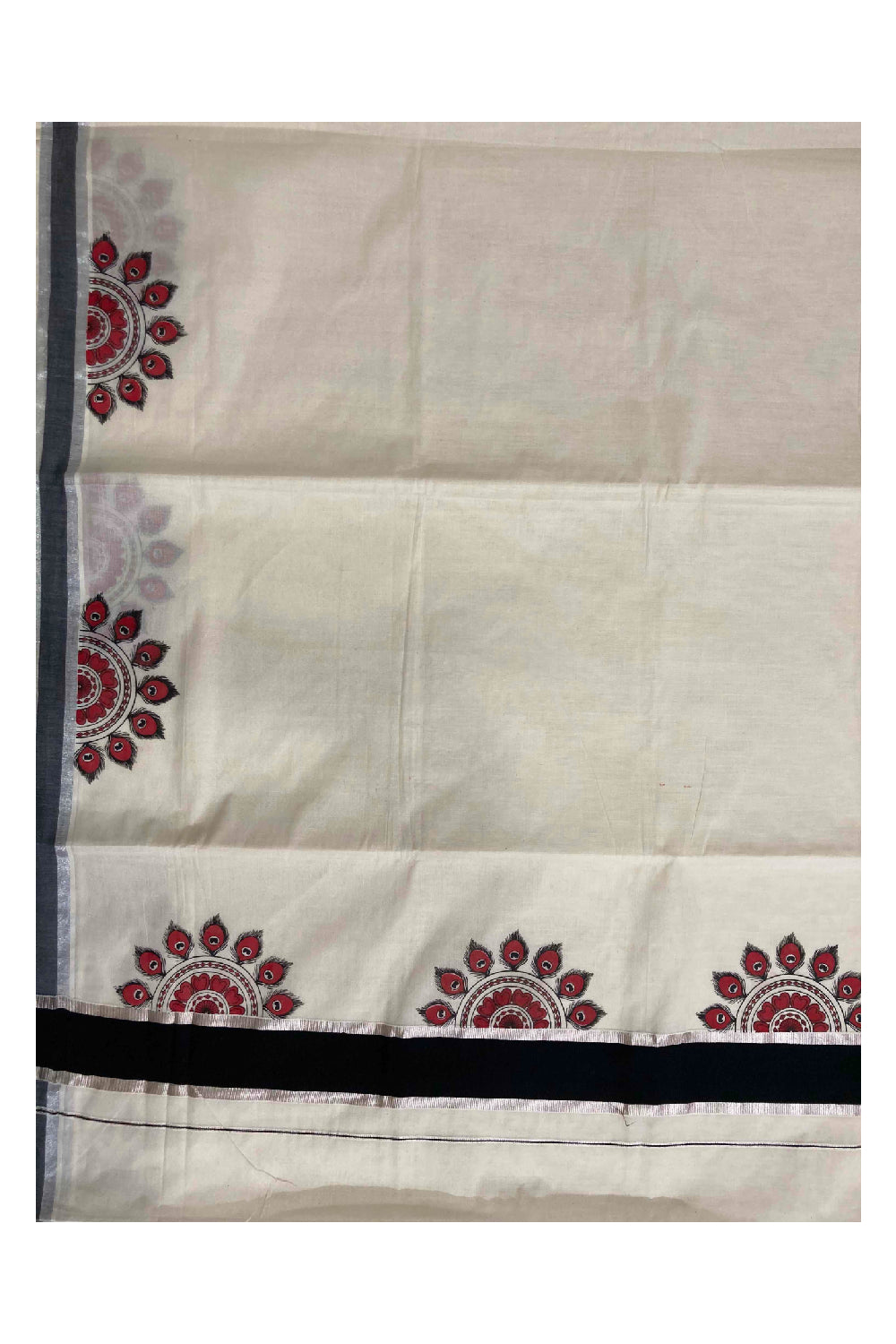 Kerala Pure Cotton Silver Kasavu Saree with Mural Printed Peacock Feather Semi Circle Black Border