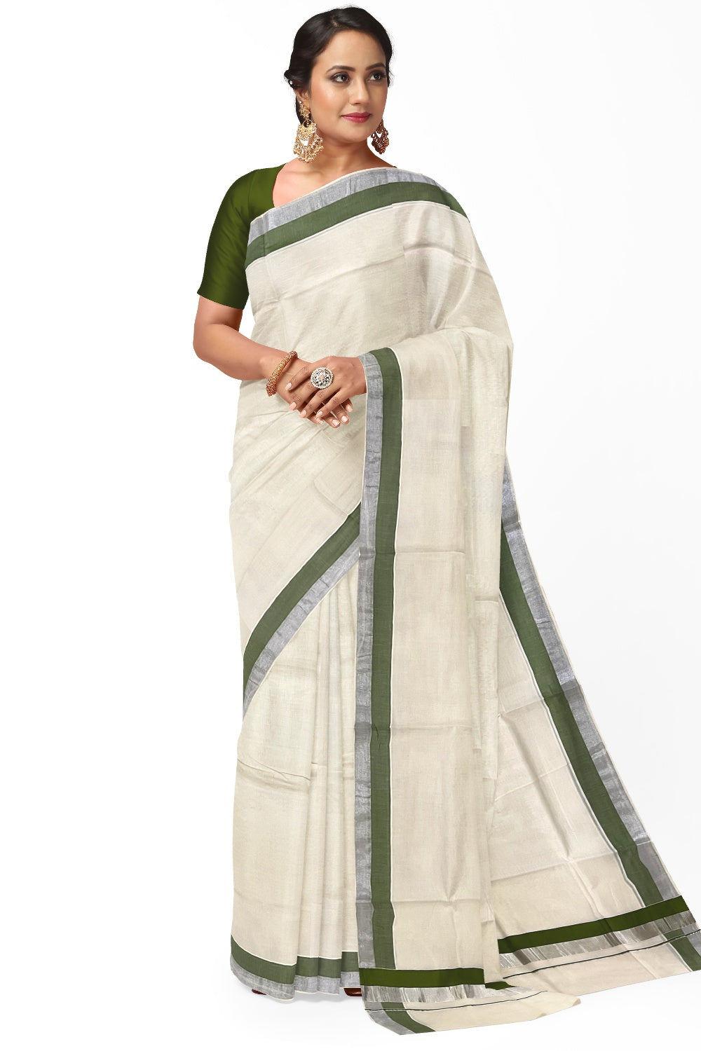 Kerala Pure Cotton Plain Saree with Silver Kasavu and Green Border