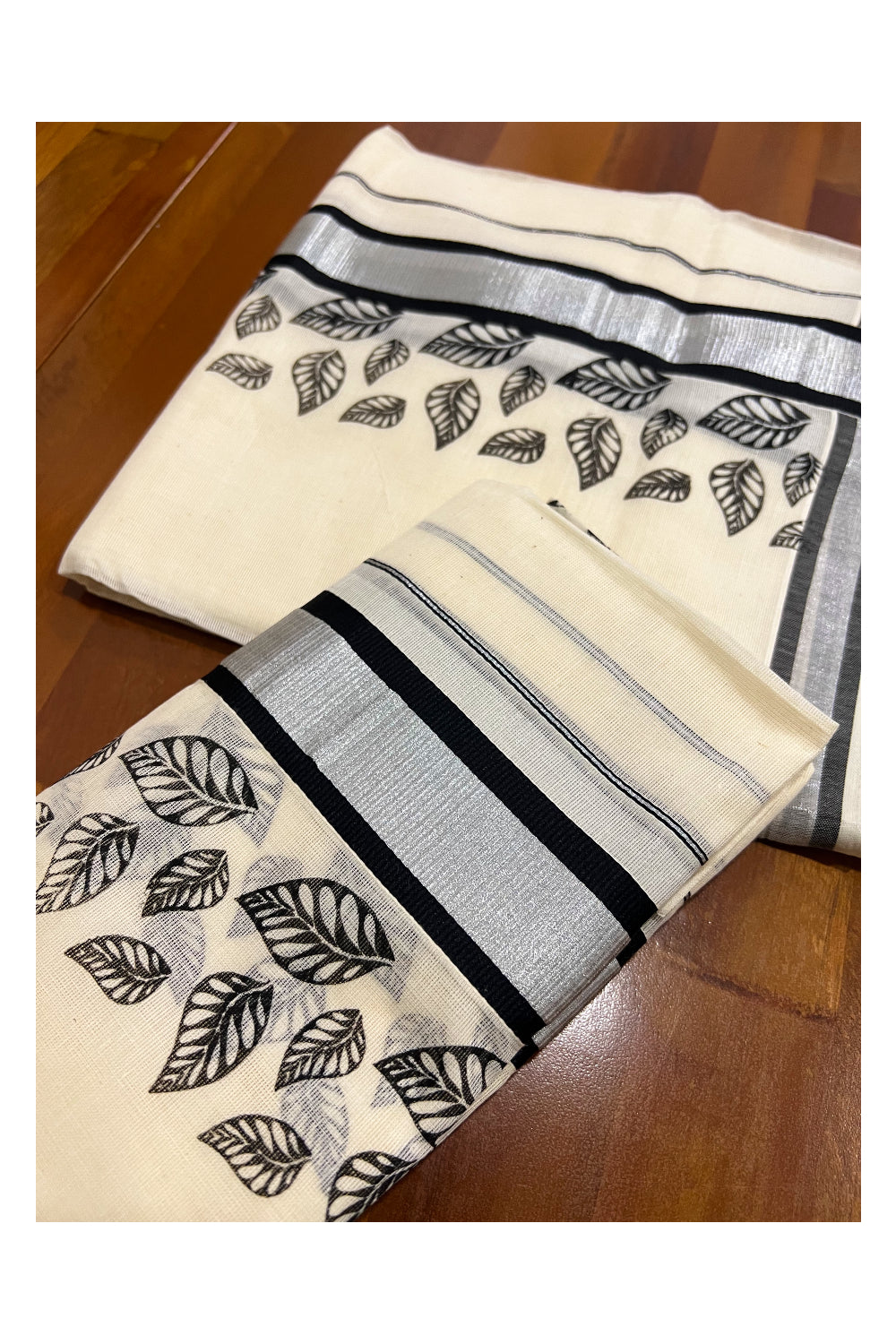 Cotton Silver Kasavu Set Mundu (Mundum Neriyathum) with Black Leaf Block Prints on Border