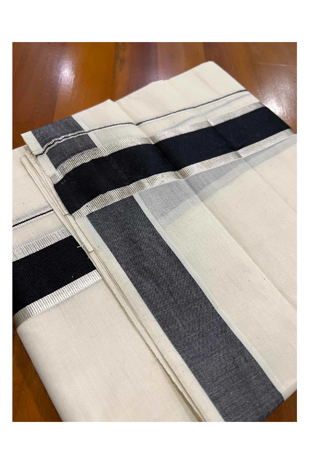 Off White Kerala Double Mundu with Silver Kasavu and Black Border (South Indian Dhoti)