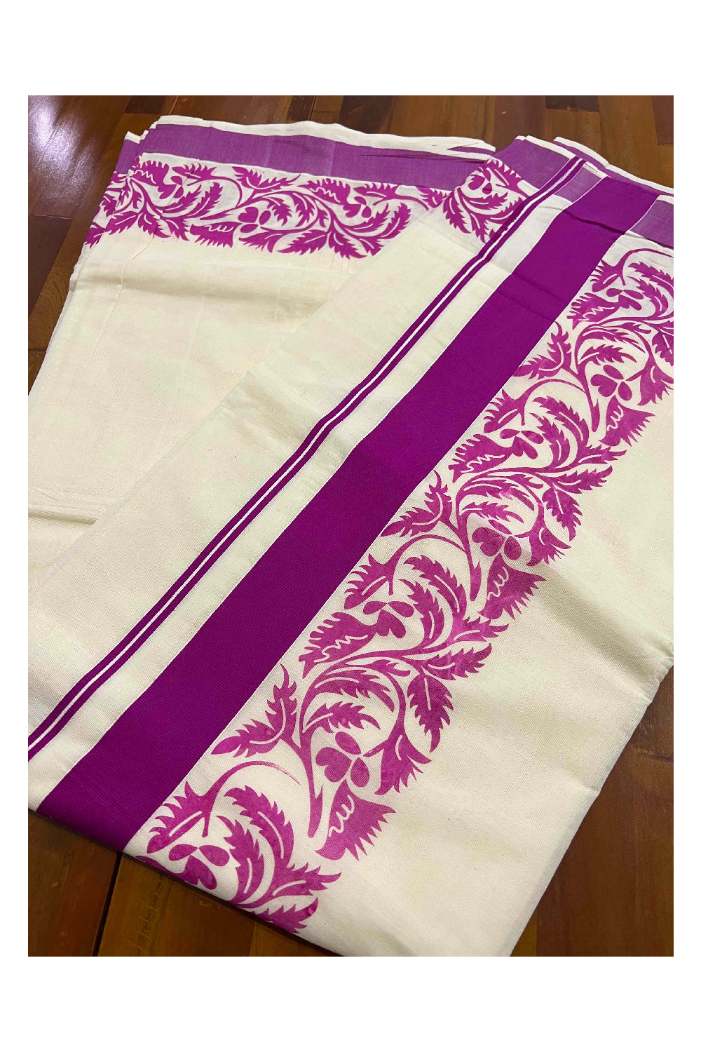 Pure Cotton Kerala Saree with Magenta Floral Block Printed Border