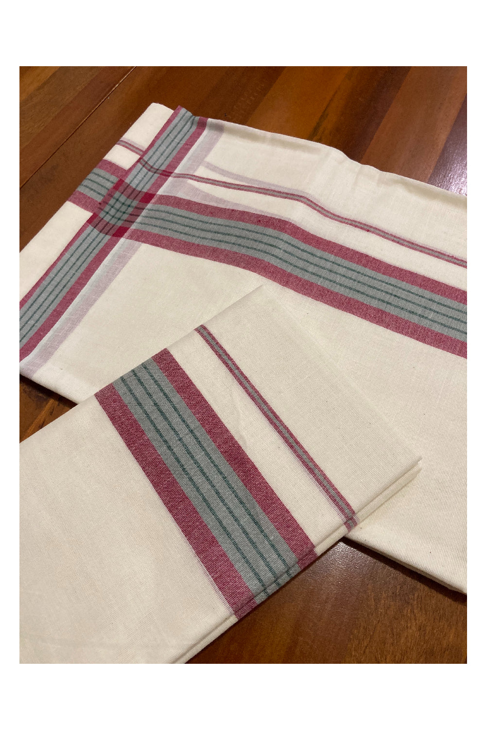 Kerala Cotton Mundum Neriyathum Single (Set Mundu) with Dark Red and Green Mulloth Border (Extra Soft Cotton)