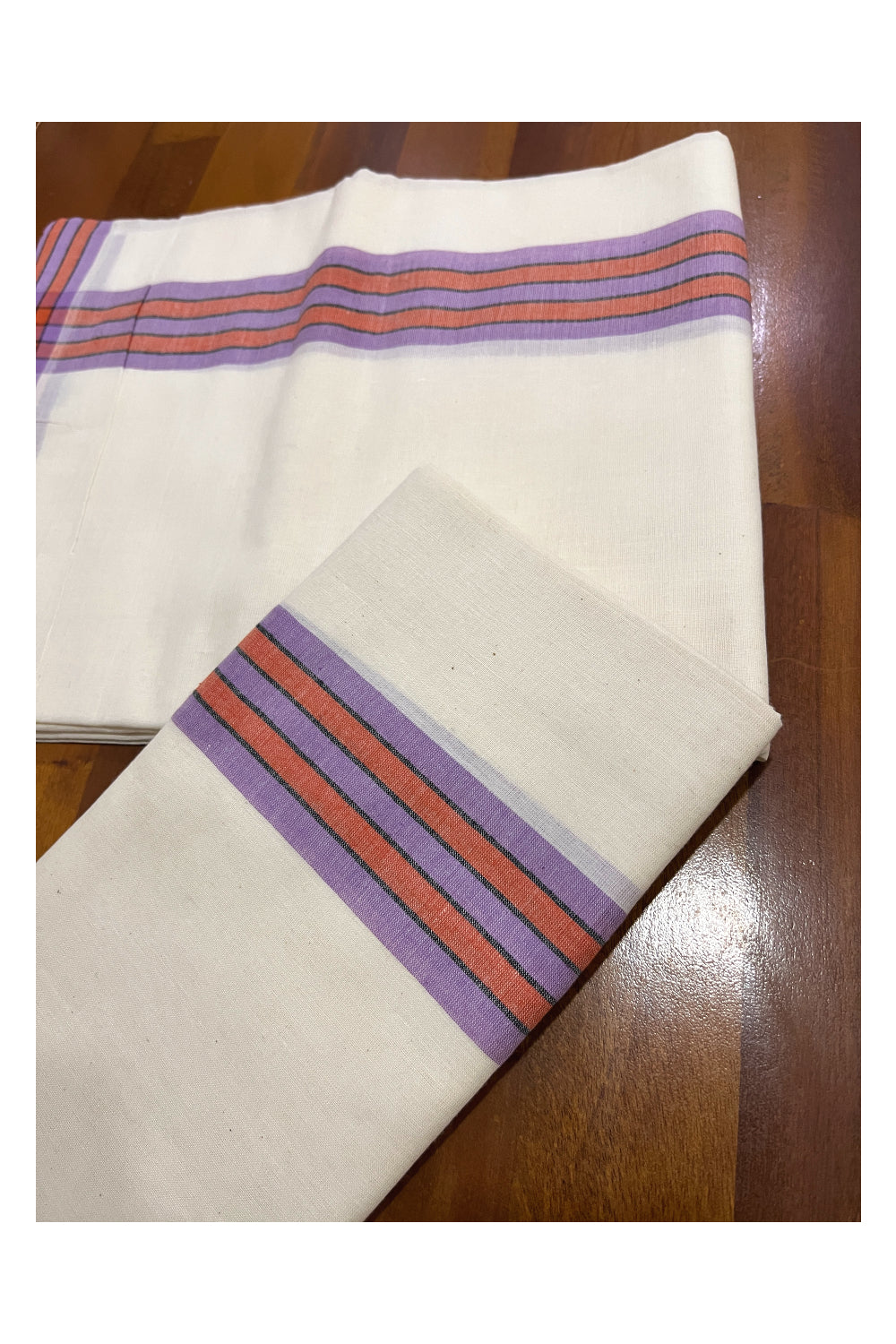 Kerala Cotton Mundum Neriyathum Single (Set Mundu) with Violet and Orange Mulloth Border (Extra Soft Cotton)