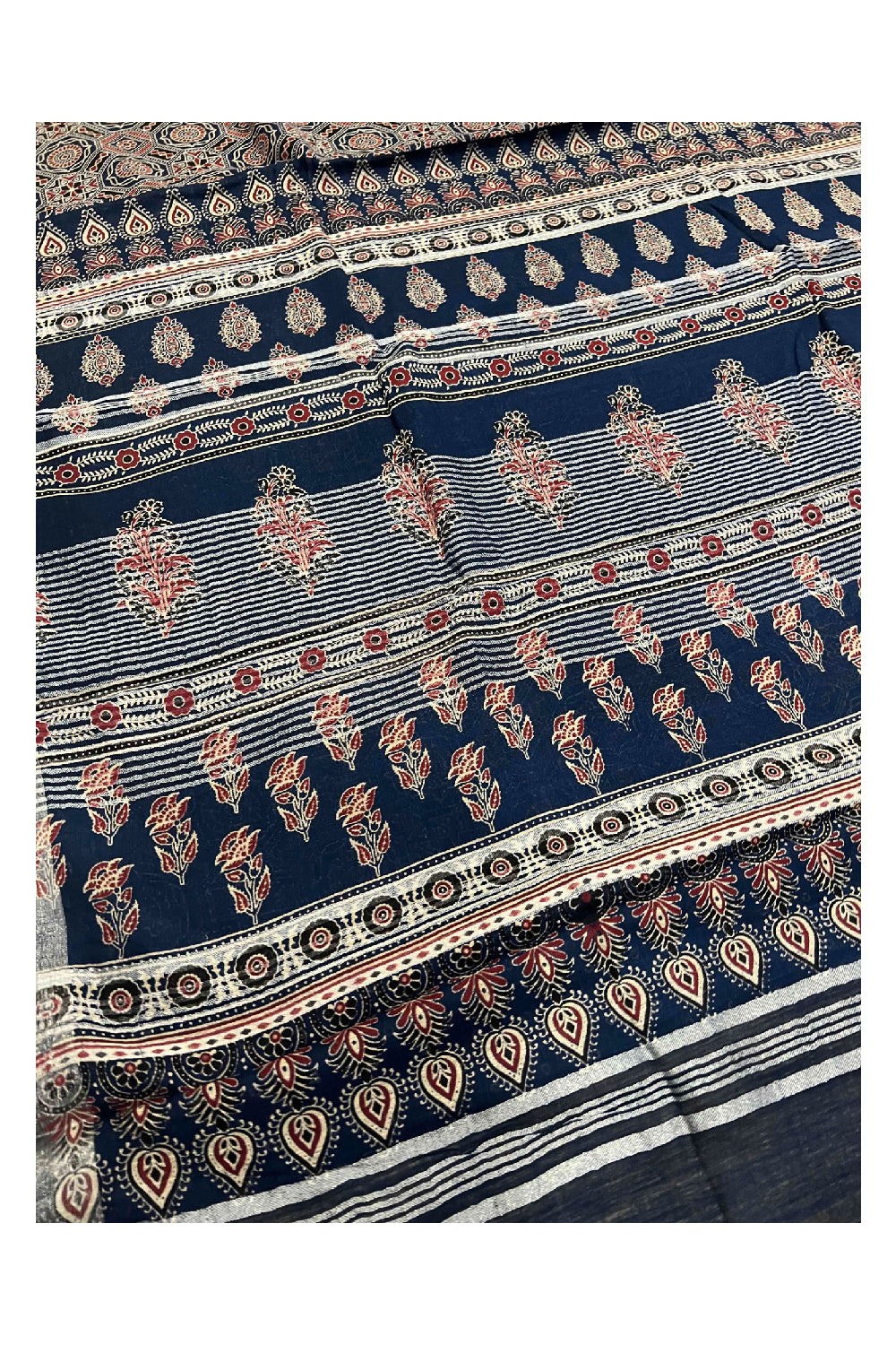 Southloom Linen Designer Saree with Ajrakh Prints on Dark Blue Body and Tassels on Pallu