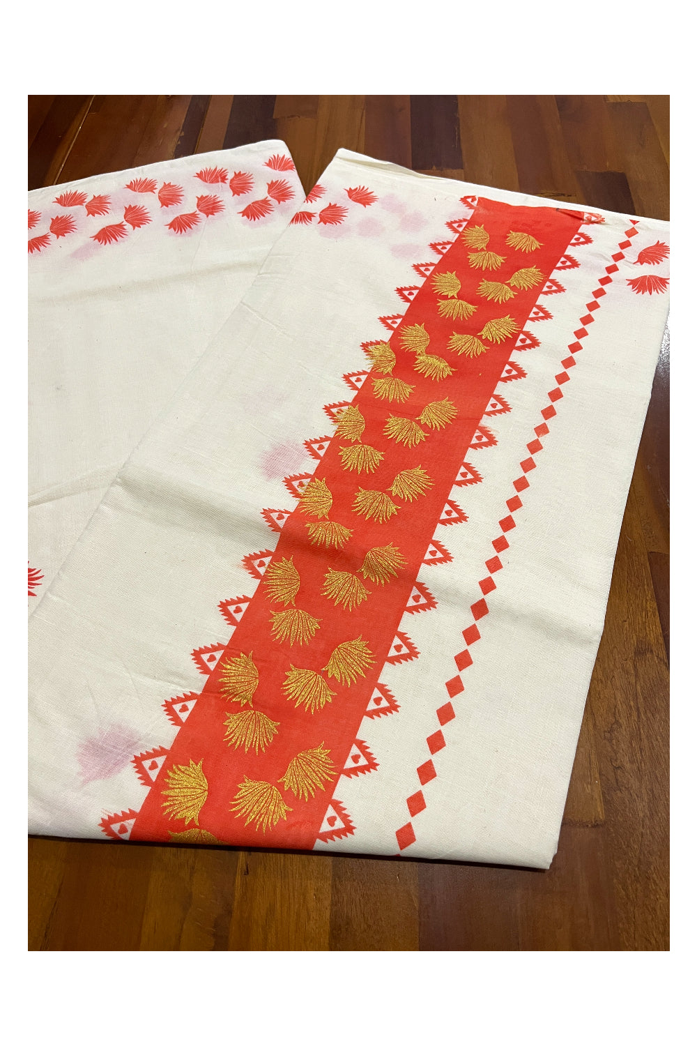 Pure Cotton Kerala Saree with Orange Floral Block Printed Border and Pallu (Vishu Saree 2023)