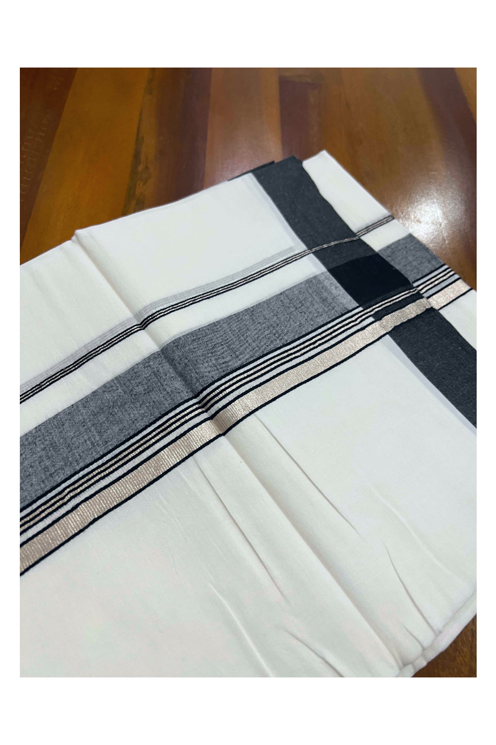 Pure White Cotton Mundu with Black and Silver Kasavu Kara (South Indian Dhoti)