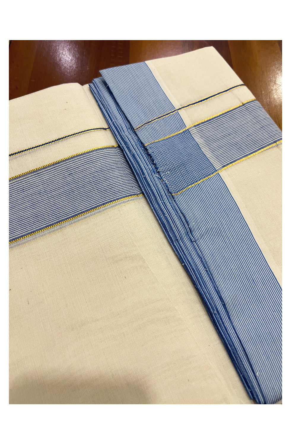 Pure Cotton Off White 100x100 Double Mundu with Kasavu and Blue Line Border (South Indian Dhoti)