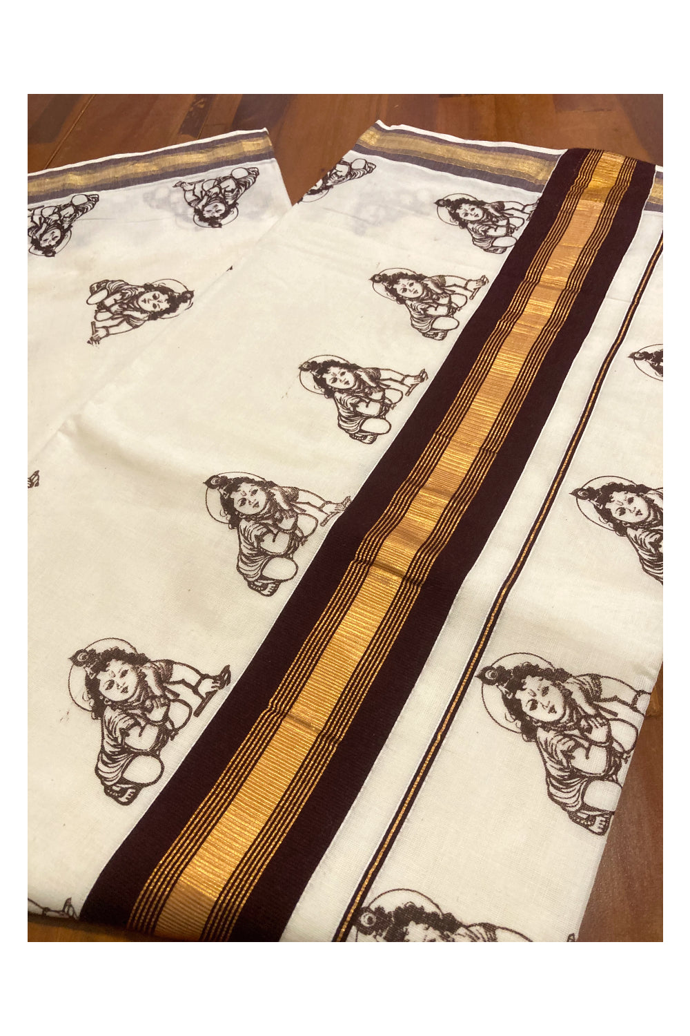 Pure Cotton Kerala Saree with Brown Krishna Block Printed Design and Kasavu Border