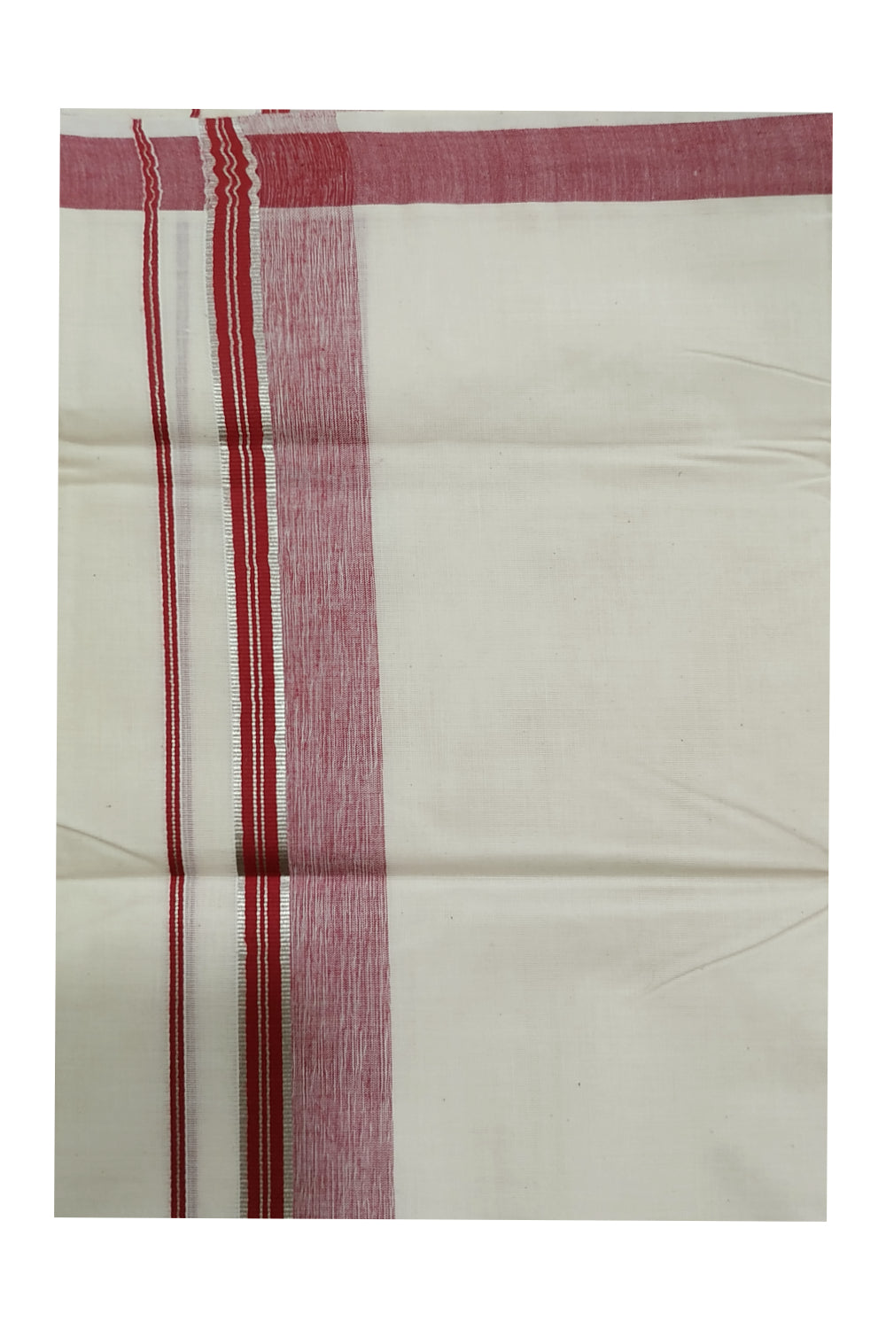 Off White Pure Cotton Mundu with Silver Kasavu and Maroon Border (South Indian Dhoti)