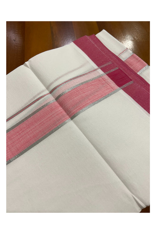 Pure White Kerala Cotton Double Mundu with Silver Kasavu and Pink Border (South Indian Kerala Dhoti)