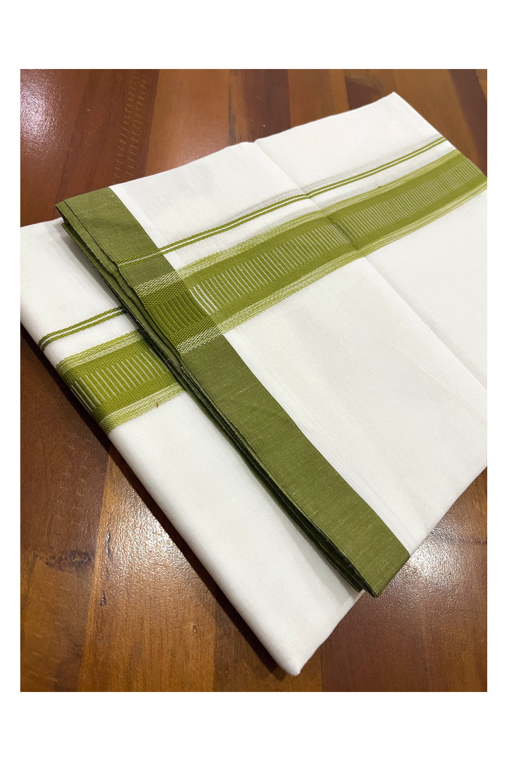 Pure White Cotton Double Mundu with Green Border (South Indian Dhoti)