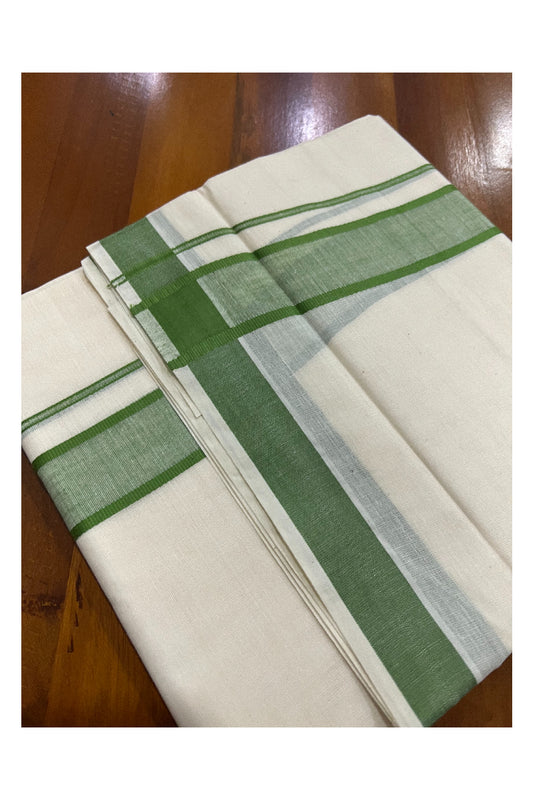 Off White Pure Cotton Double Mundu with Green Border (South Indian Kerala Dhoti)