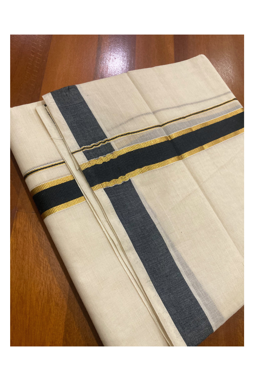 Pure Cotton Kerala Double Mundu with Kasavu and Black Border (South Indian Dhoti)