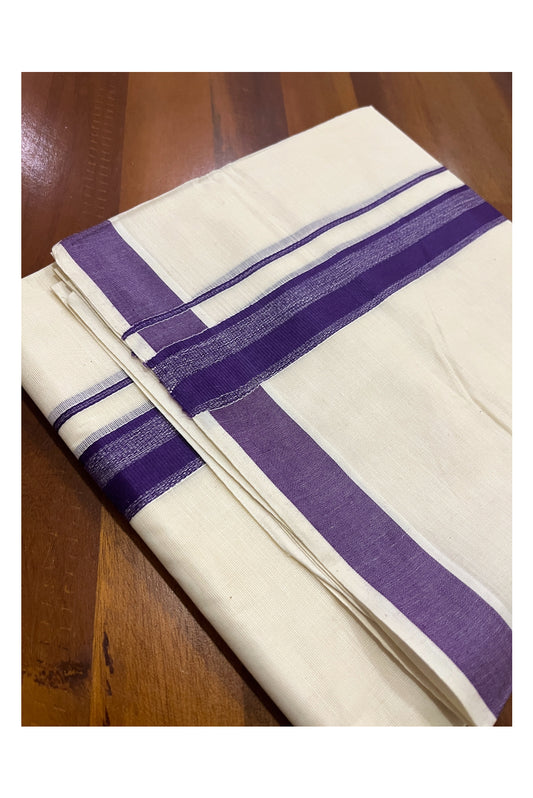 Pure Cotton Double Mundu with Violet Kara (South Indian Kerala Dhoti)