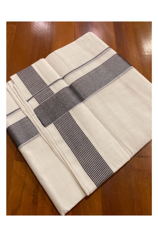 Southloom Premium Handloom Cotton Pure White Mundu with Silver Kasavu and Navy Blue Line Border (South Indian Dhoti)