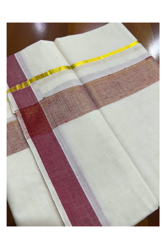 Off White Kerala Double Mundu with Dark Red and Kasavu Line Border (South Indian Dhoti)