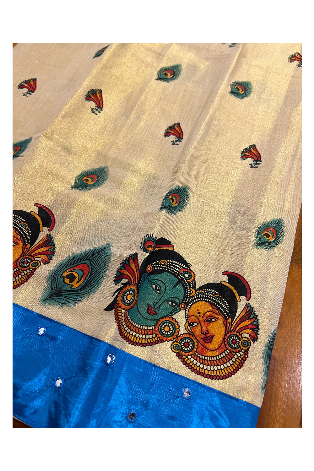Kerala Tissue Mural Printed Pavada and Light Blue Blouse Material for Kids/Girls 4.3 Meters
