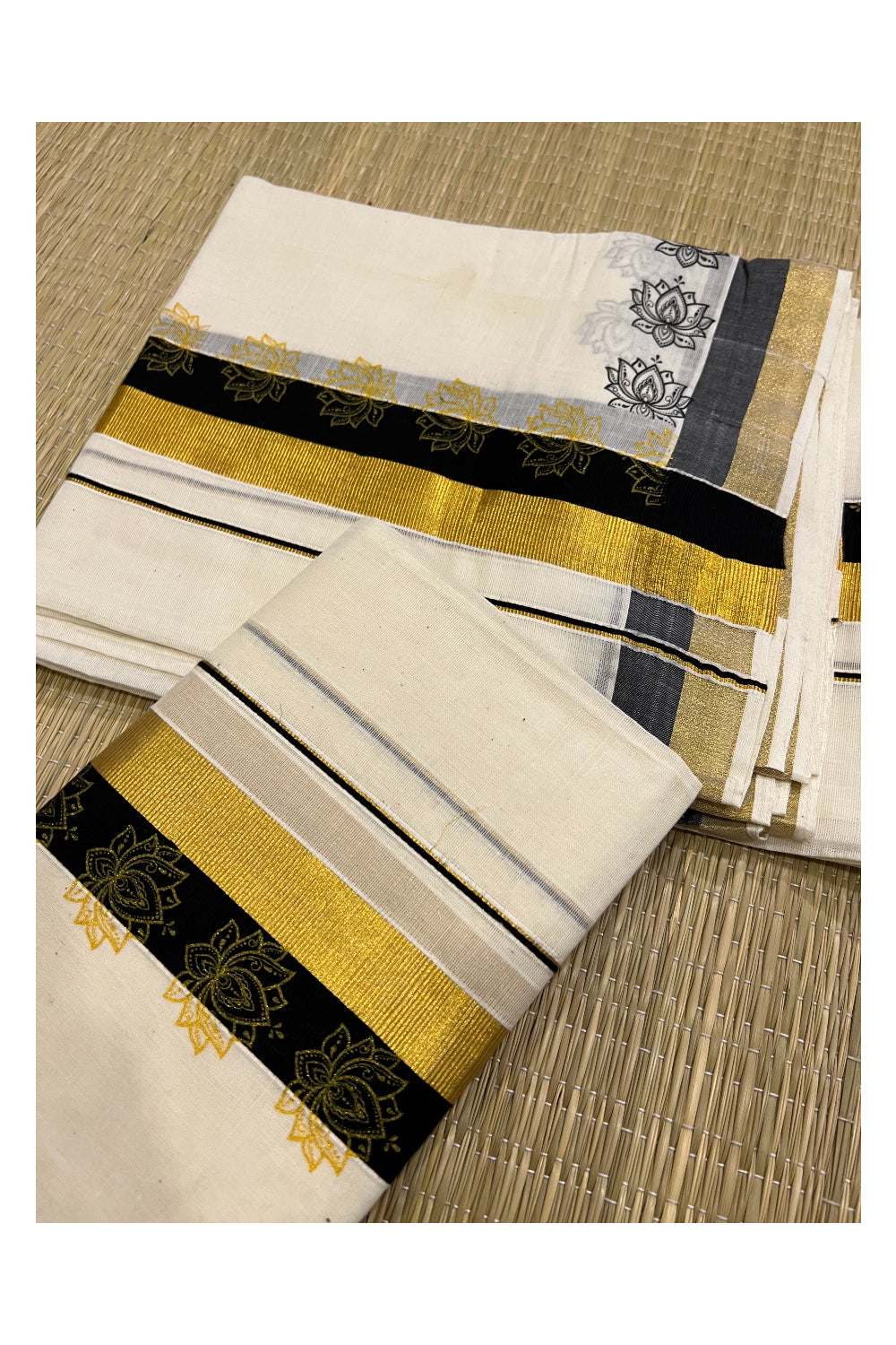 Kerala Cotton Kasavu Set Mundu (Mundum Neriyathum) with Black Floral Block Prints on Border 2.80 Mtrs