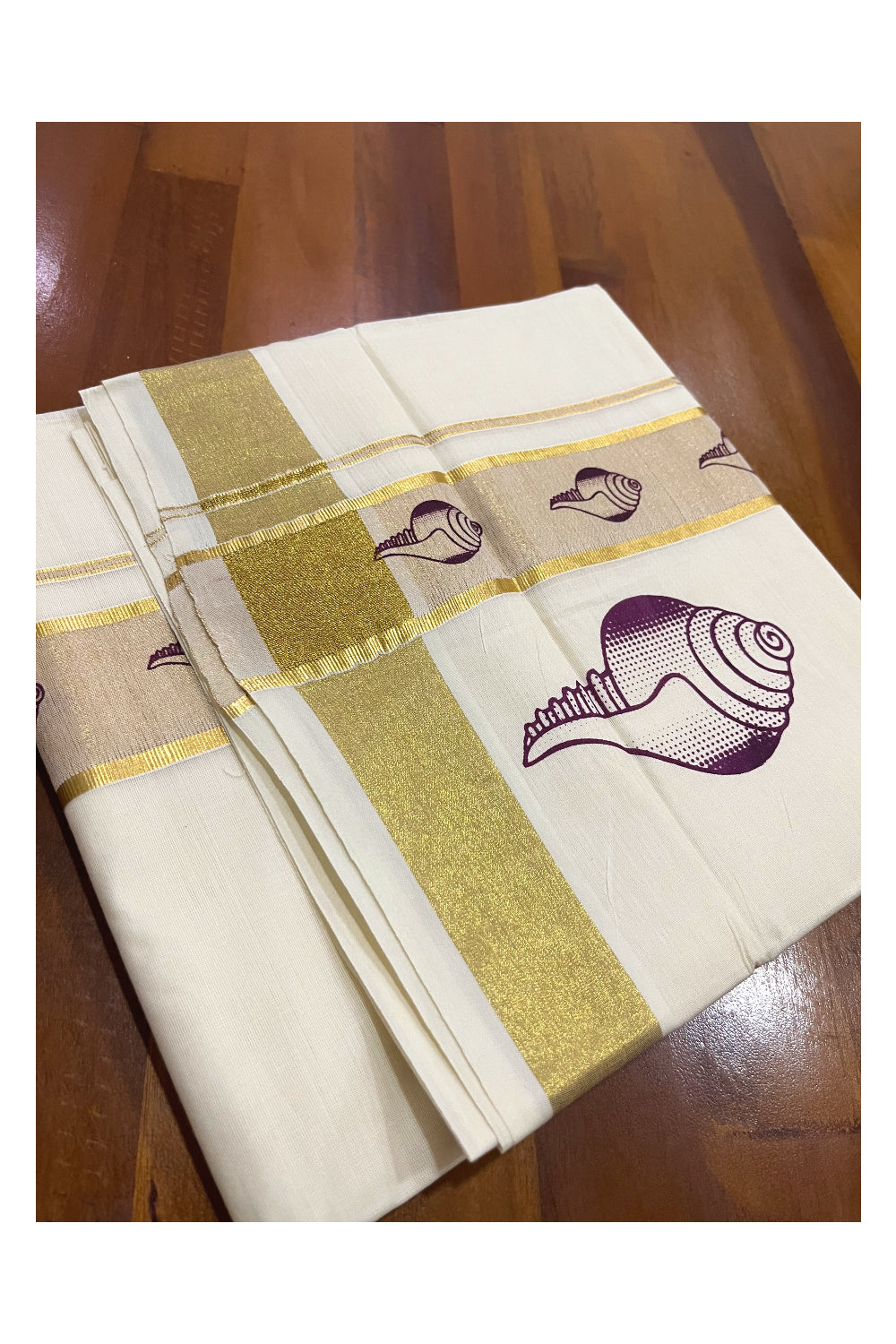 Pure Cotton Off White Double Mundu with Purple Block Prints on Kasavu Kara (South Indian Dhoti)