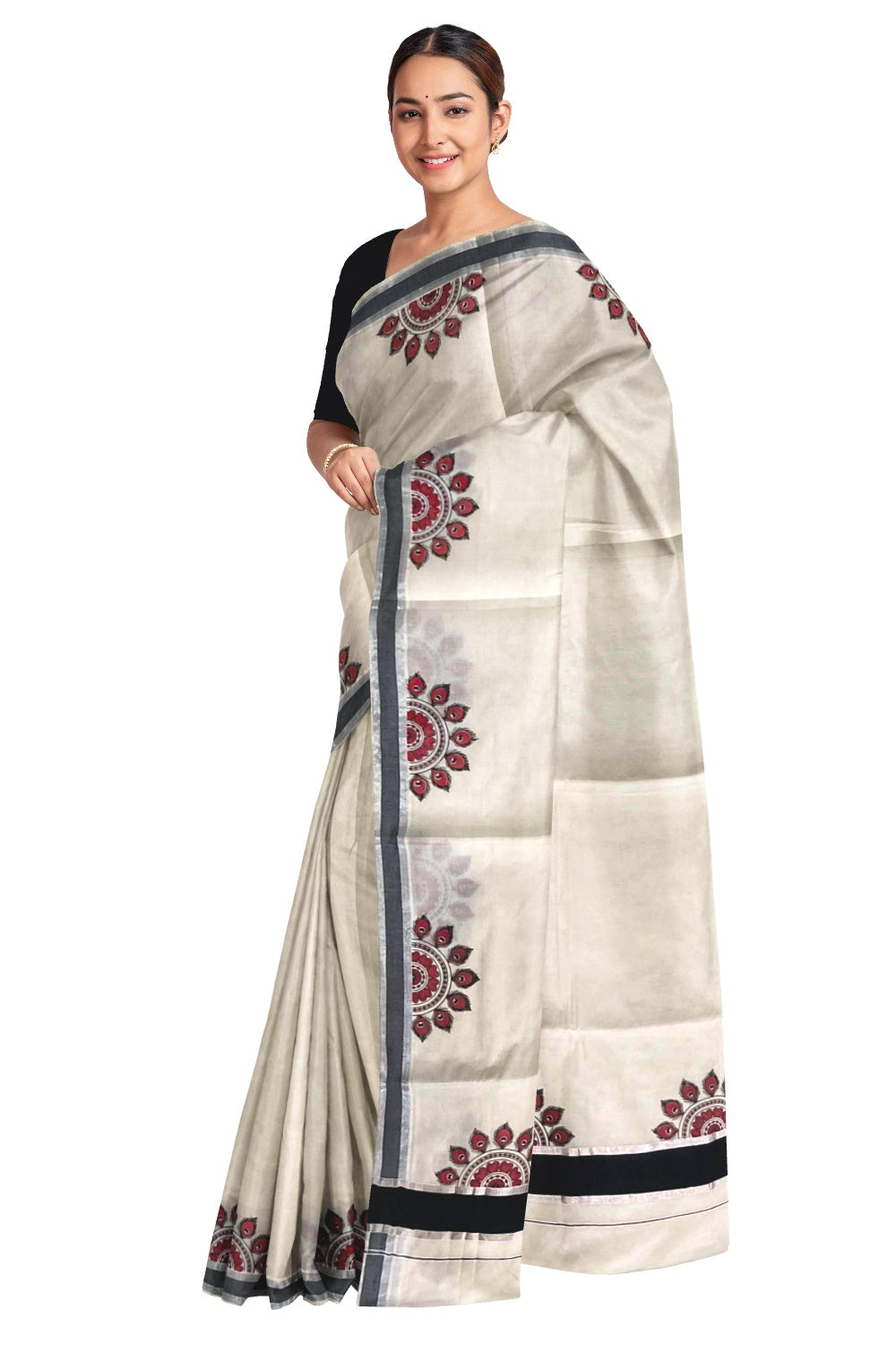 Kerala Pure Cotton Silver Kasavu Saree with Mural Printed Peacock Feather Semi Circle Black Border