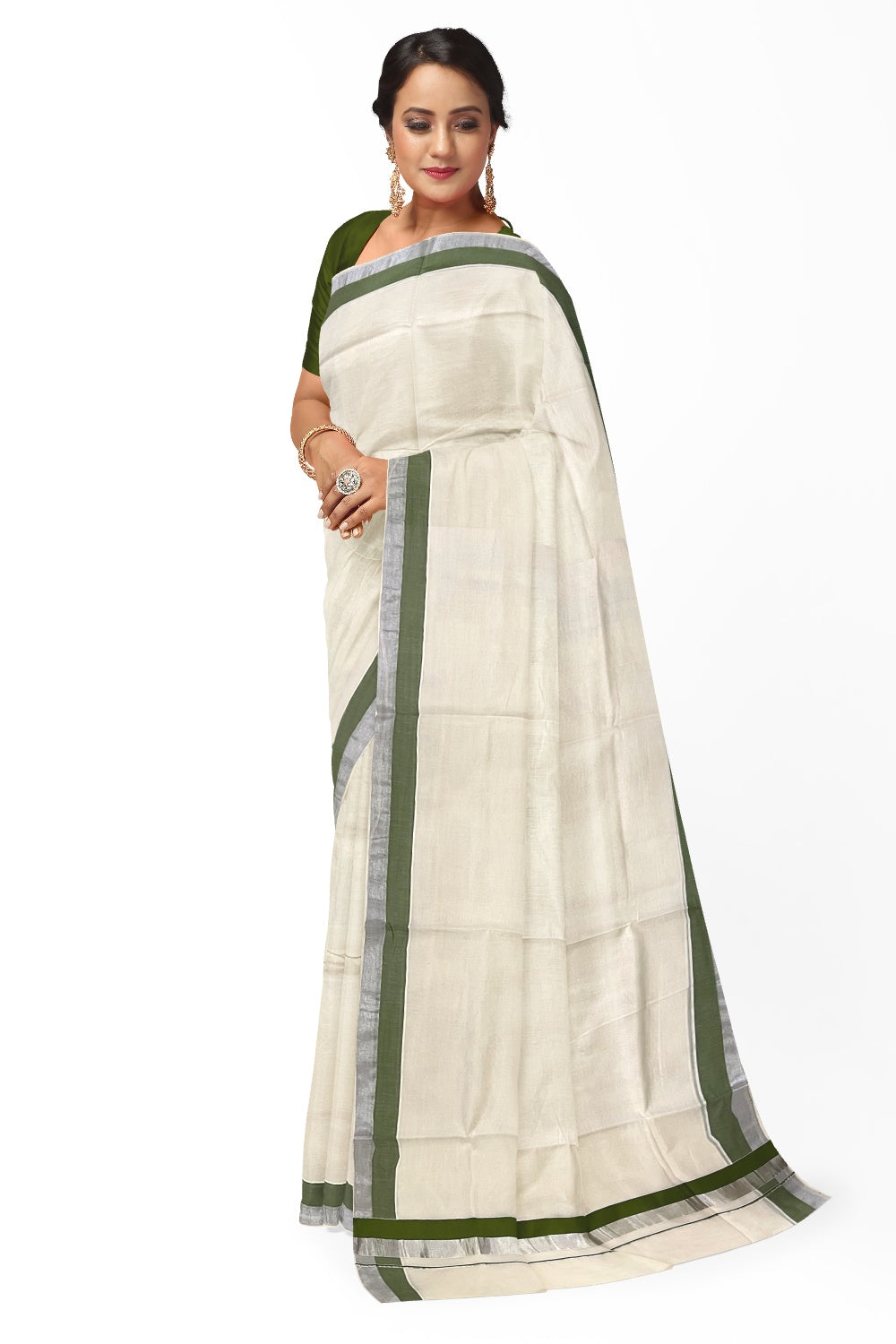 Kerala Pure Cotton Plain Saree with Silver Kasavu and Green Border